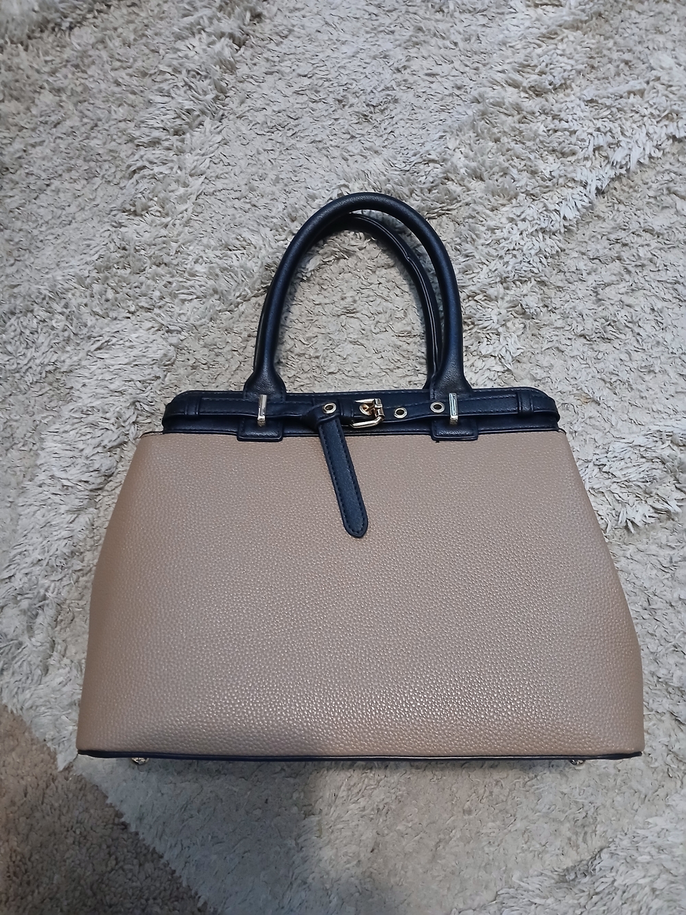 Structured Two-Tone Beige and Black Satchel